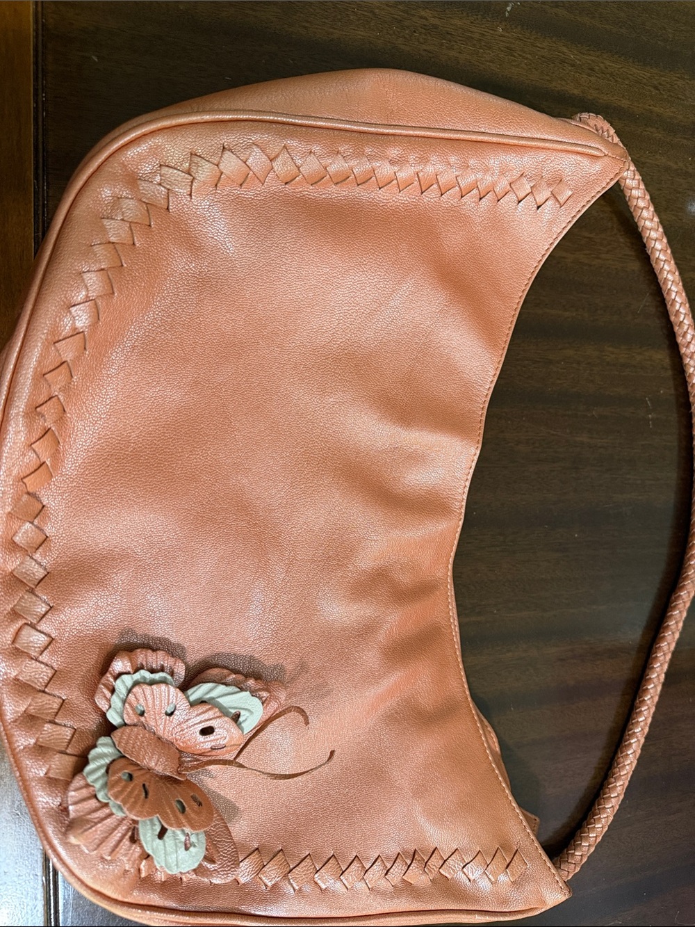 Via Spiga Peach Leather Shoulder Bag with Butterfly Accent